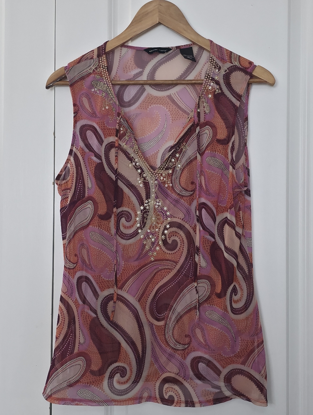 New York & Company Sheer Paisley Embellished Boho Top Size L